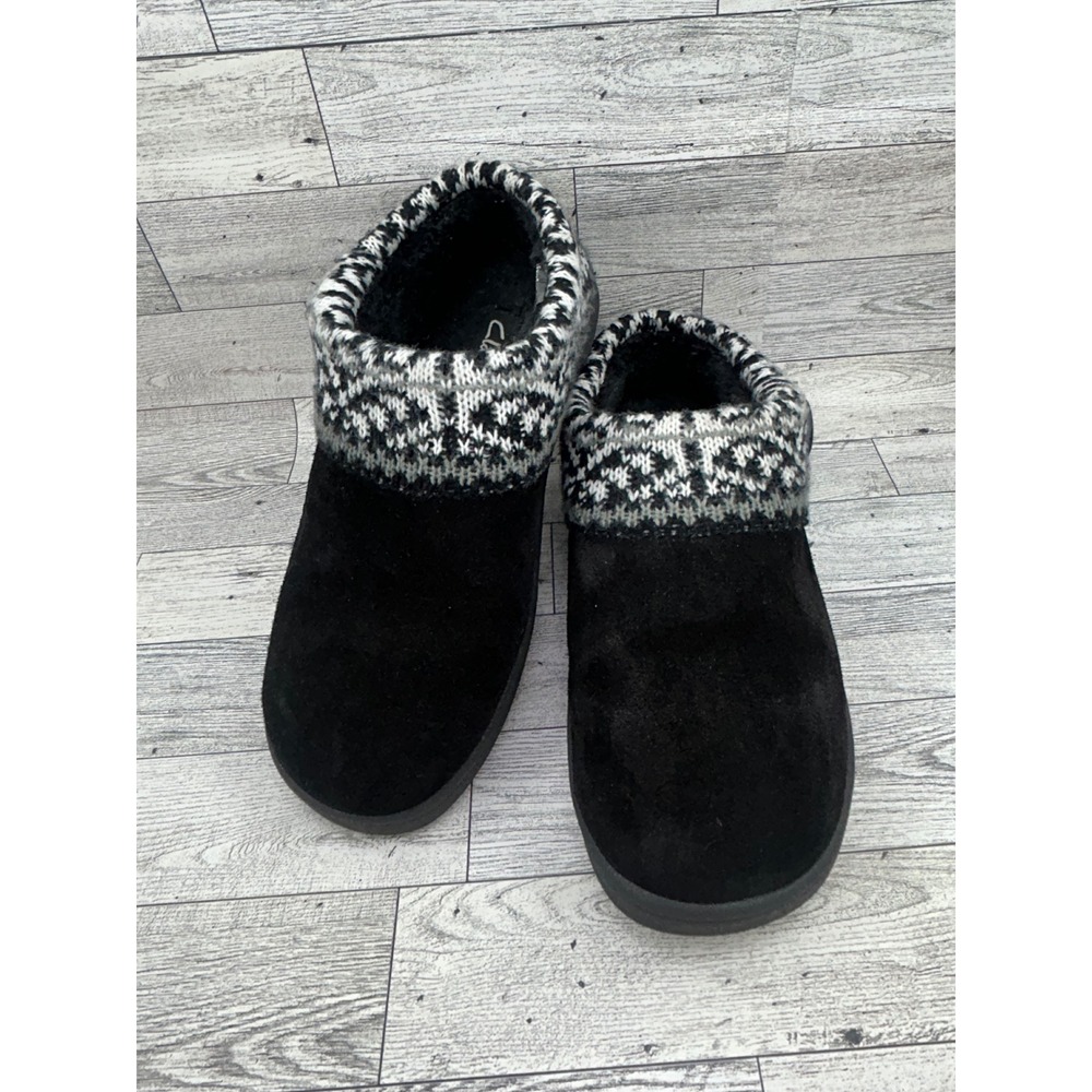 Clarks Women Black Suede Clog Slippers Fair Isle Knit Faux Fur JMH2037 Size 9M